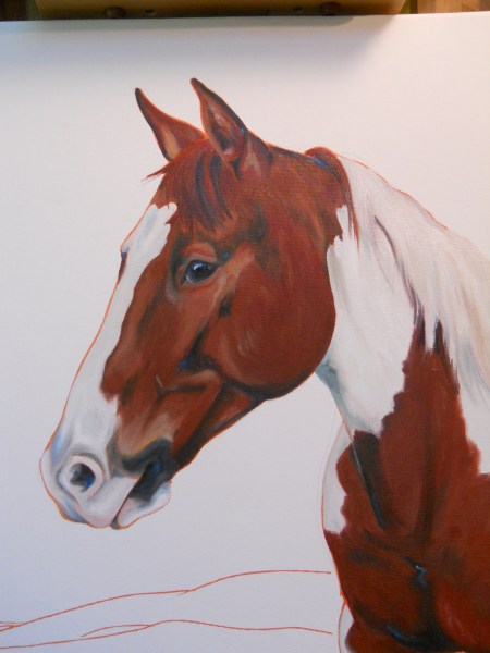 Working on his chest and mane. Painting white on a white canvas is always fun.